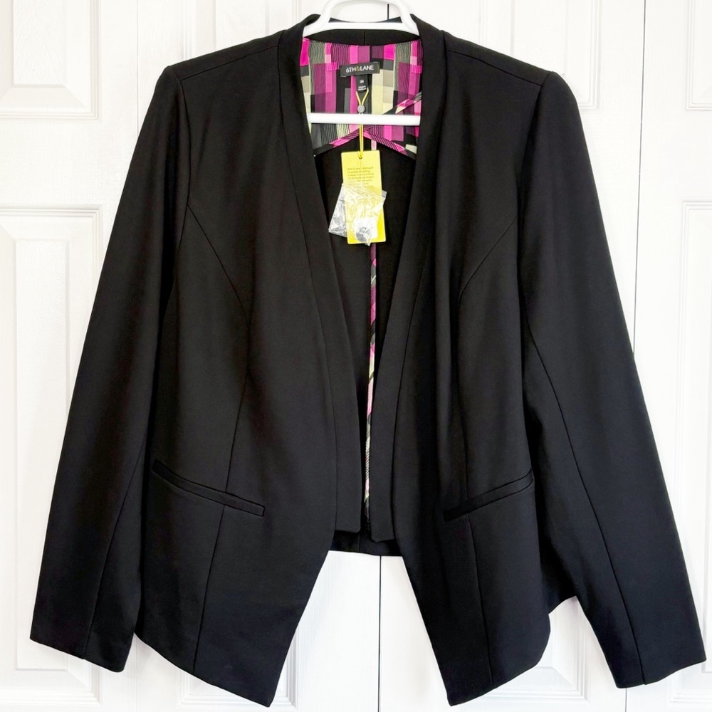 NWT 6th & Lane Black Ponte Knit Open Front Long Sleeve Blazer 26
